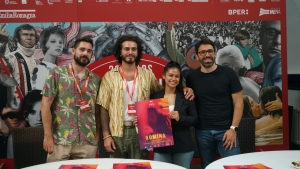 Directors Valerio Lo Muzio and Michael Petrolini, protagonist Romina Cabezas Navarete, producer Emiliano Trovati for "Romina"